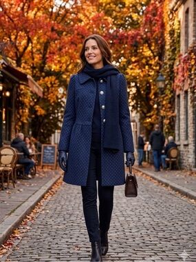 BESS Navy Blue Polka Dot Wool Blend
Fit & Flare Trench Coat Jacket S RARE